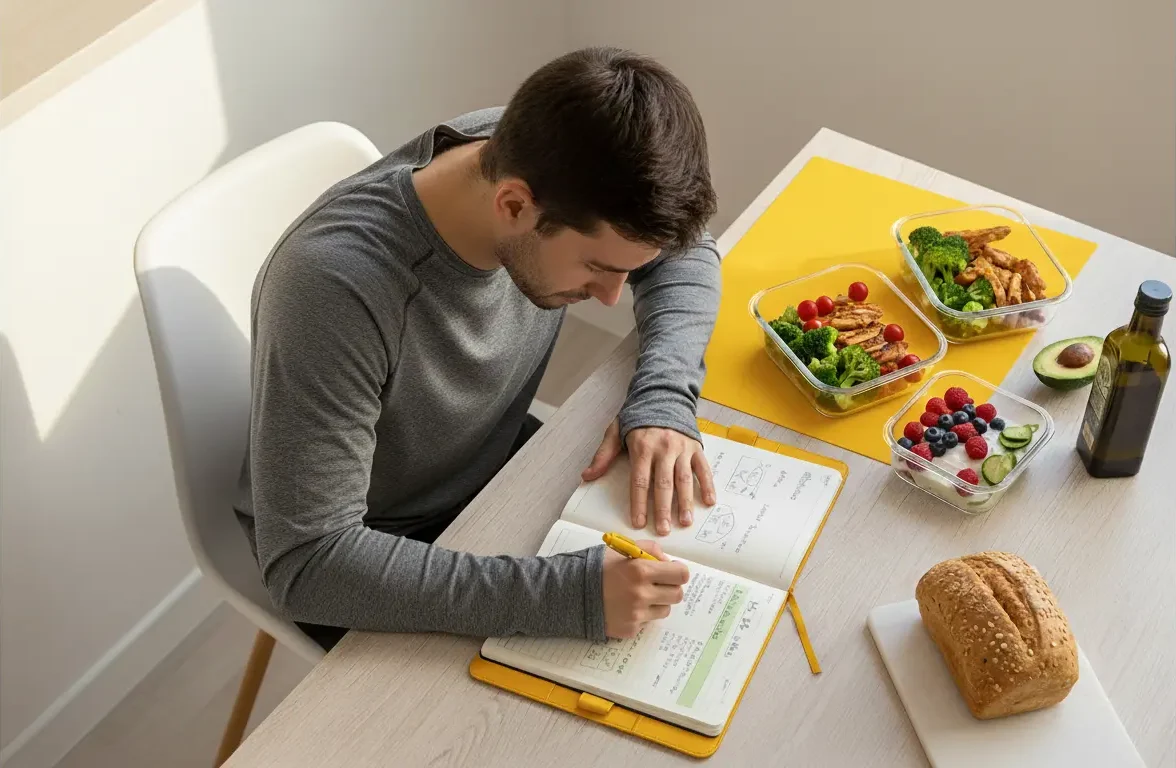 Man planning meals with healthy food